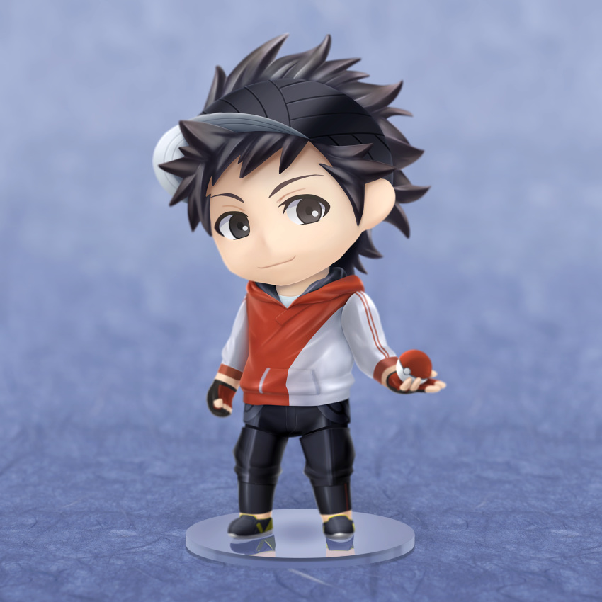 1boy aoi_taishi black_eyes black_gloves black_hair figure fingerless_gloves full_body gloves highres hood hoodie looking_at_viewer male_focus male_protagonist_(pokemon_go) nendoroid poke_ball pokemon pokemon_go smile solo visor_cap