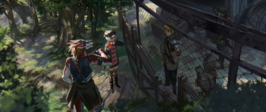 2girls belt boots braid crate dark_skin fence forest from_above hat multiple_girls nature original ox_(baallore) pantyhose scarf short_hair silver_hair spaulders standing tail tree