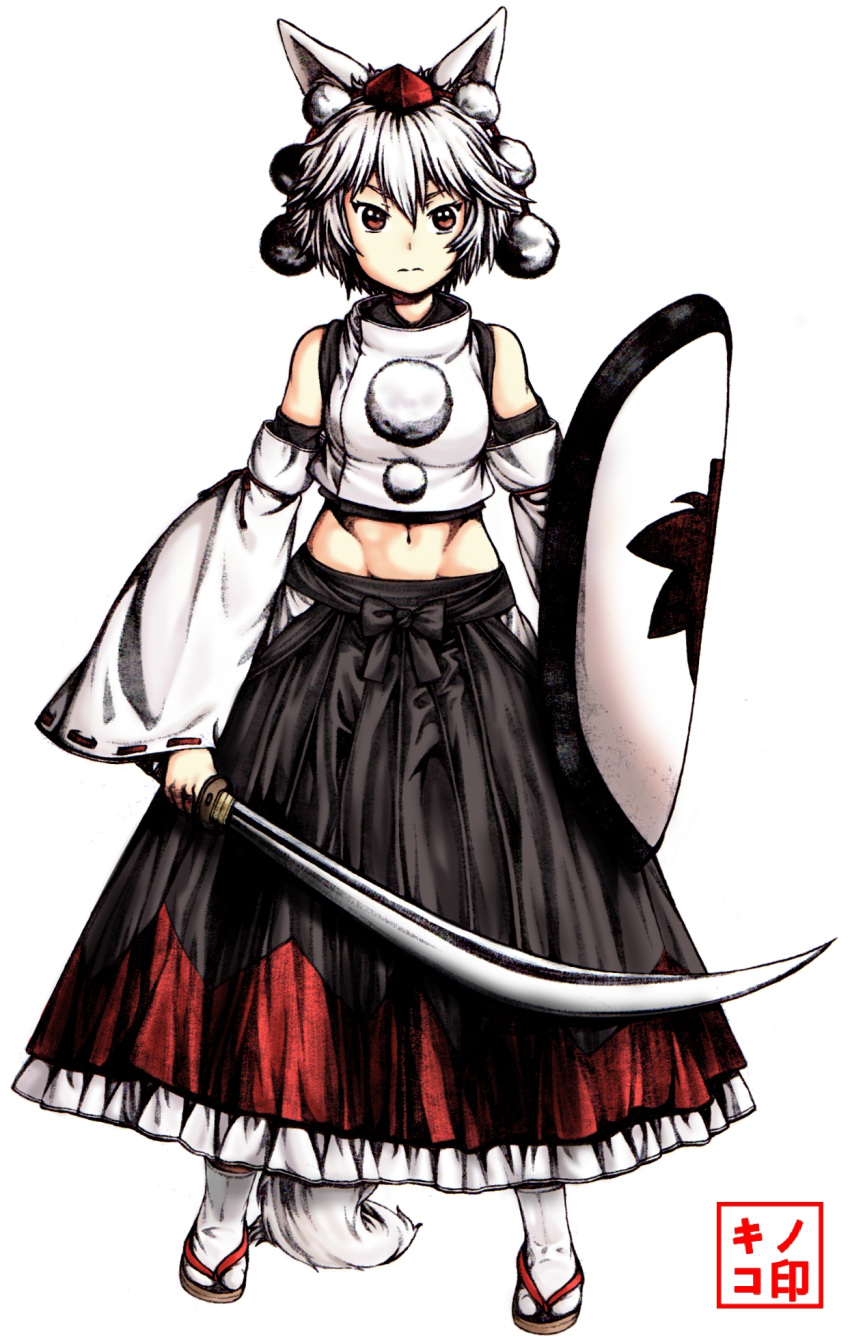 1girl 3:&lt; animal_ears black_bow black_skirt bow commentary detached_sleeves dog_ears dog_tail eyebrows_visible_through_hair highres holding holding_shield holding_sword holding_weapon inubashiri_momiji long_sleeves looking_at_viewer mushroom_(osh320) navel red_eyes scimitar shield short_hair skirt solo sword tail toned touhou weapon white_hair wolf_ears wolf_tail