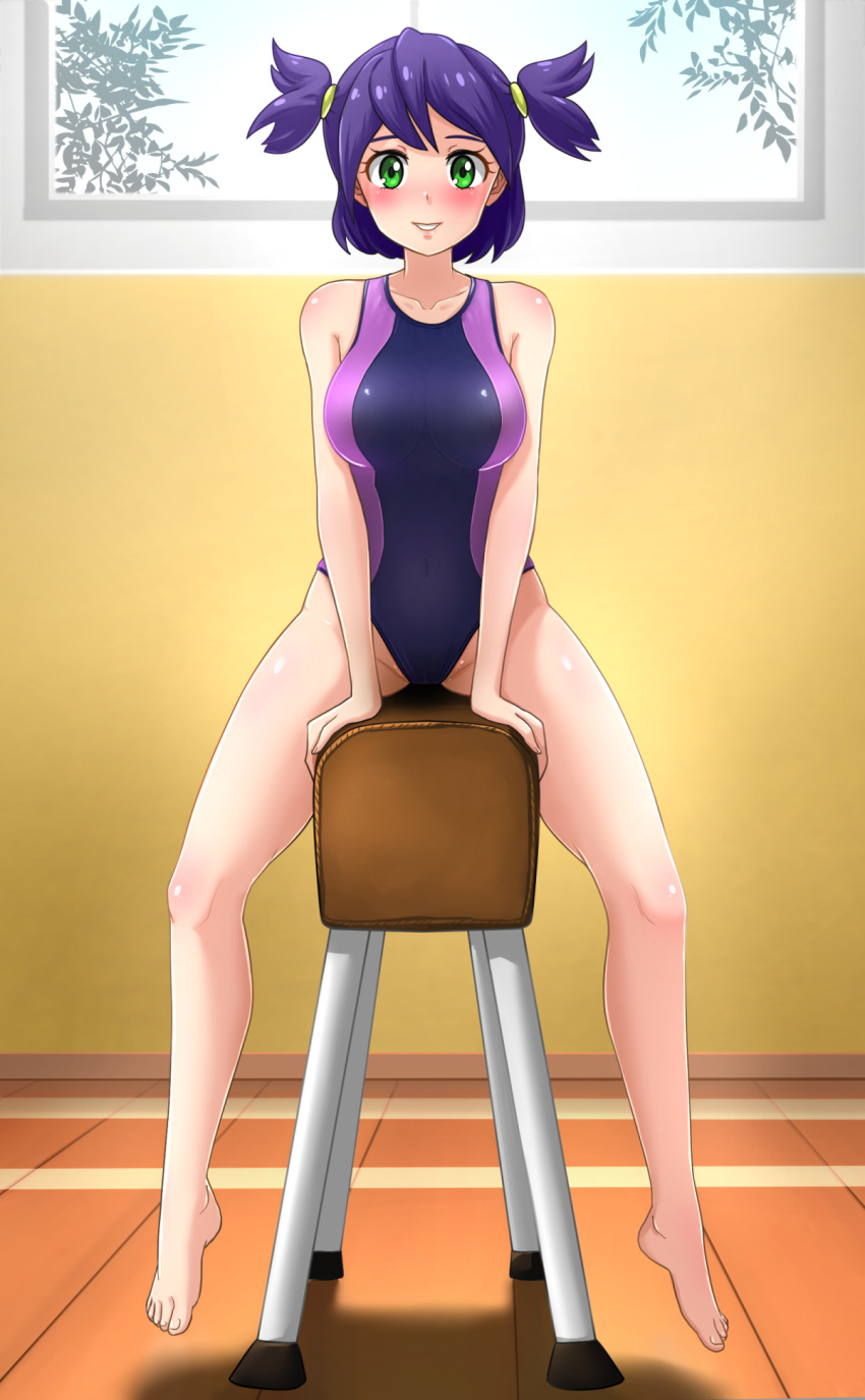 1girl blush breasts everlasting_summer full_body green_eyes highres huyase looking_at_viewer medium_breasts one-piece_swimsuit parted_lips purple_hair short_hair sitting smile solo swimsuit unyl-chan vaulting_horse