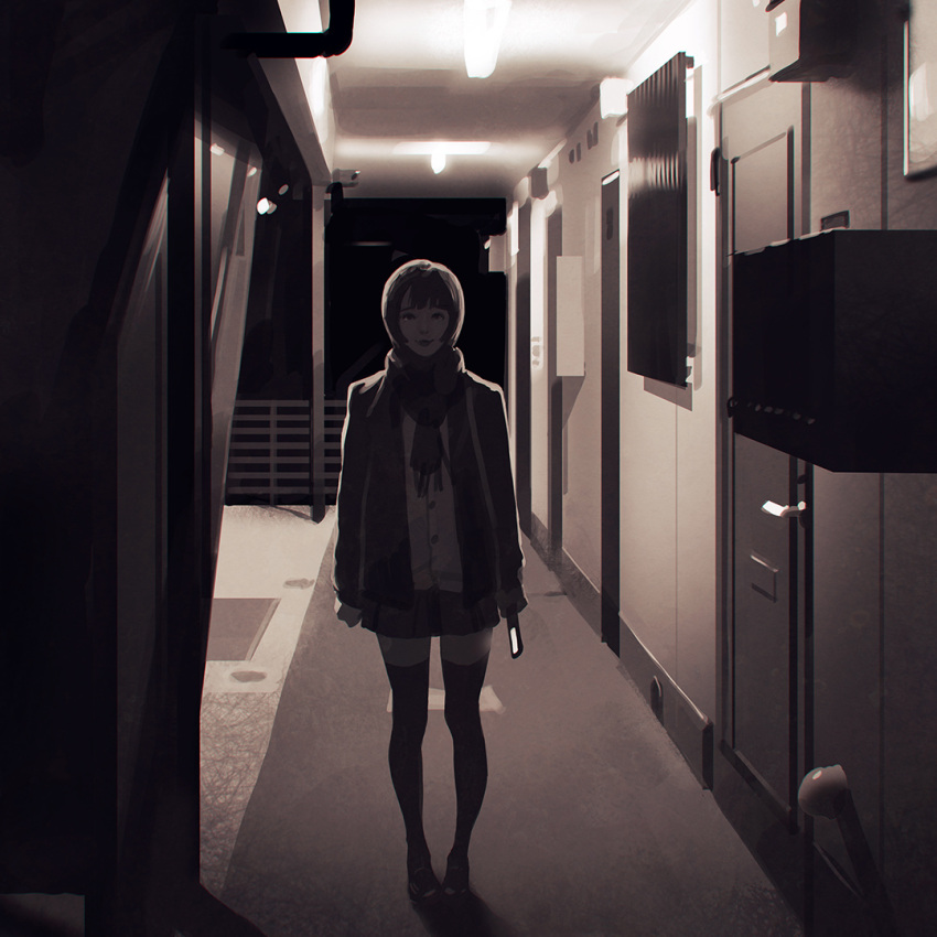 1girl argyle arms_at_sides black_legwear brown_hair building buttons ceiling_light cellphone clenched_hand coat commentary despair door door_handle full_body glowing holding holding_phone ilya_kuvshinov light lips miniskirt monochrome night original outdoors phone scarf sepia shadow short_hair skirt smile solo standing thigh-highs waiting zettai_ryouiki