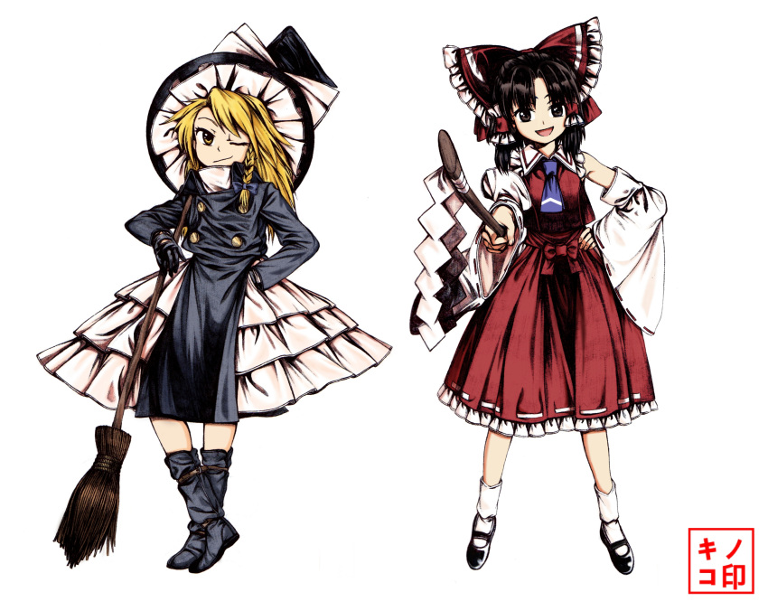 1girl 2girls absurdres ascot ballpoint_pen_(medium) black_coat black_eyes black_gloves black_hair blonde_hair boots bow braid broom crop_top detached_sleeves double-breasted full_body gloves hair_bow hair_tubes hakurei_reimu hat highres kirisame_marisa layered_skirt long_hair long_sleeves multiple_girls mushroom_(osh320) one_eye_closed open_mouth petticoat red_skirt shirt single_braid skirt skirt_set sleeveless sleeveless_shirt smirk solo touhou traditional_media trench_coat white_skirt witch_hat yellow_eyes