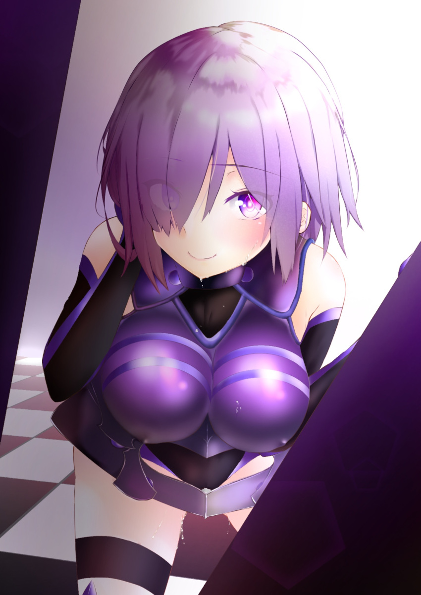 1girl armor armored_dress artist_request bare_shoulders breasts detached_sleeves elbow_gloves eyes_visible_through_hair fate/grand_order fate_(series) gloves hair_over_one_eye hand_in_hair highres large_breasts lavender_hair looking_at_viewer navel parted_lips pose purple_gloves shielder_(fate/grand_order) short_hair sweat violet_eyes wet wet_clothes