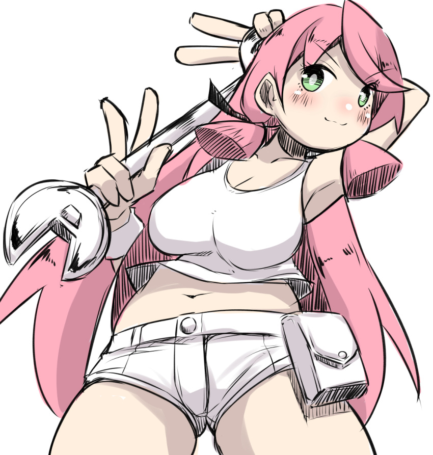 1girl akashi_(kantai_collection) bare_shoulders breasts cleavage denim green_eyes hair_ribbon highres kantai_collection large_breasts long_hair looking_at_viewer midriff navel partially_colored pink_hair ribbon short_shorts shorts sleeveless smile solo tank_top tress_ribbon twintails u-non_(annon'an) wrench