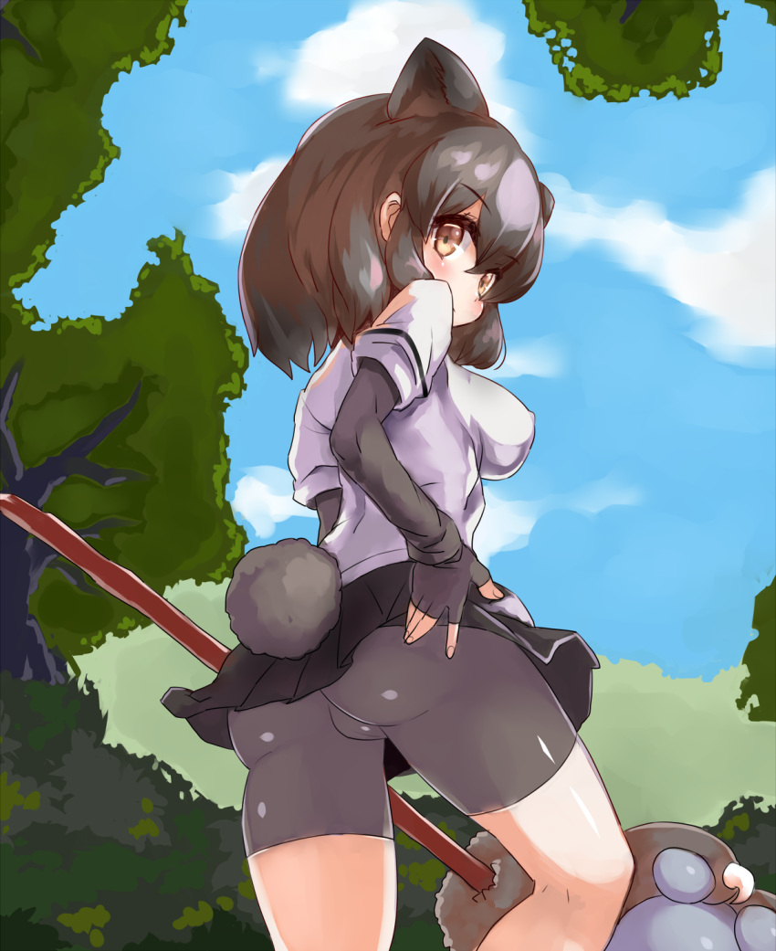 1girl animal_ears artist_request ass bear_ears bear_tail bike_shorts black_gloves black_hair black_skirt blue_sky blush brown_bear_(kemono_friends) brown_eyes clouds elbow_gloves erect_nipples fat_mons fingerless_gloves gloves hand_on_hip highres holding holding_weapon kemono_friends long_sleeves looking_at_viewer looking_back looking_down miniskirt polearm shiny shiny_clothes shiny_hair shiny_skin shirt short_sleeves skirt sky solo tail thighs tree weapon white_shirt