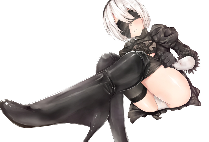 1girl black_legwear blindfold close-up frown high_heels highres leotard mochimentai mole mole_under_mouth nier_(series) nier_automata panties pantyshot short_hair simple_background solo thigh-highs thighs twitter_username underwear white_background white_hair white_leotard yorha_no._2_type_b