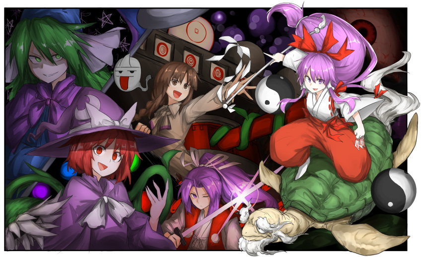 5girls bow braid brown_eyes brown_hair crescent genjii ghost gohei green_eyes green_hair ground_vehicle hakama hakurei_reimu hakurei_reimu_(pc-98) hat highres hitodama holding holding_weapon japanese_clothes kan_(aaaaari35) katana kirisame_marisa kirisame_marisa_(pc-98) long_hair low_ponytail meira miko military military_vehicle mima motor_vehicle multiple_girls ofuda one_eye_closed open_mouth ponytail purple_hair red_bow red_eyes redhead rika_(touhou) shaded_face short_hair sidelocks smile story_of_eastern_wonderland sword tank teeth touhou touhou_(pc-98) turtle violet_eyes weapon witch_hat