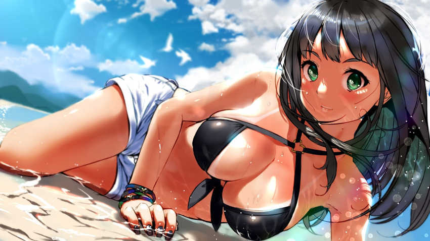 1girl arm_support beach bikini_tan black_hair blue_sky breasts cleavage clouds cloudy_sky criss-cross_halter day dutch_angle fingernails front-tie_bikini front-tie_top green_eyes halterneck heart_ring_top highres idolmaster idolmaster_cinderella_girls jorori lens_flare looking_at_viewer lying medium_breasts nail_polish o-ring_bikini on_side outdoors partially_submerged shibuya_rin short_shorts shorts sky smile solo tan tanline wristband