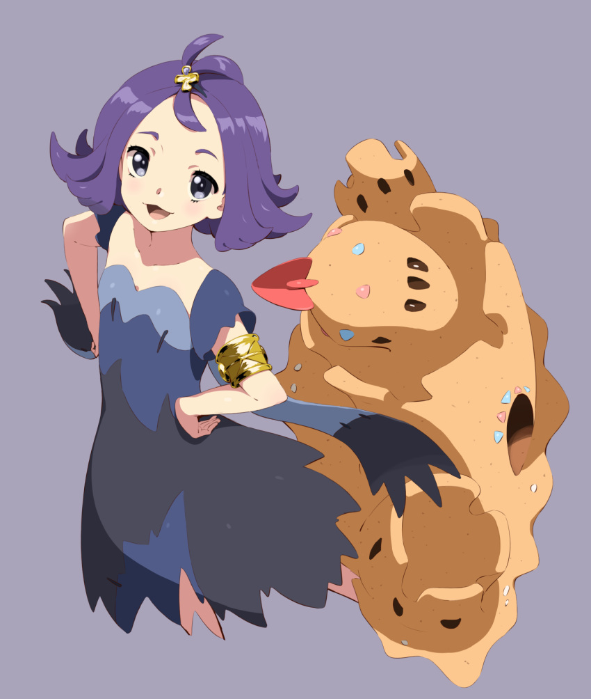 1girl :3 :d acerola_(pokemon) armlet blush collarbone dress elite_four eyelashes flat_chest flipped_hair from_above hair_ornament hands_on_hips highres legs_apart looking_at_viewer looking_up open_mouth palossand pokemon pokemon_(creature) pokemon_(game) pokemon_sm purple_background purple_hair sand sand_castle sand_sculpture short_dress short_hair short_sleeves shovel shuuto_(shu-toritu) simple_background smile standing stitches tareme tongue topknot torn_clothes torn_dress violet_eyes worktool
