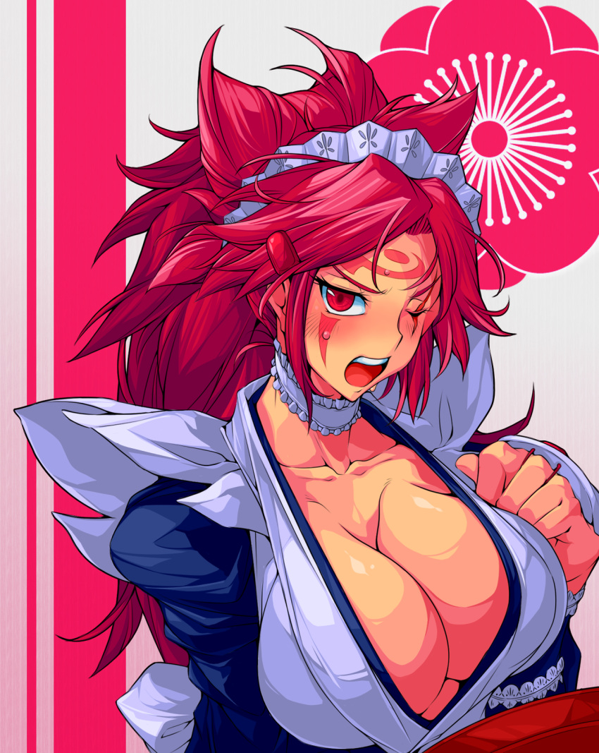1girl baiken blush breasts choker cleavage collarbone cosplay embarrassed facial_mark frilled_choker frills guilty_gear hair_ornament highres iroha_(samurai_spirits) iroha_(samurai_spirits)_(cosplay) japanese_clothes juliet_sleeves large_breasts long_hair long_sleeves looking_at_viewer maid maid_headdress messy_hair one-eyed open_mouth ponytail puffy_sleeves red_eyes redhead scar scar_across_eye sidelocks solo sweat upper_body yoshitsuki