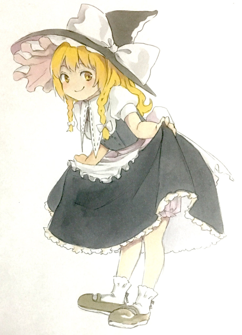 1girl apron black_shoes blonde_hair bloomers blush bobby_socks bow braid curtsey full_body hat hat_bow highres kirisame_marisa large_bow long_hair looking_at_viewer mary_janes matsunoha no_nose puffy_short_sleeves puffy_sleeves shoes short_sleeves skirt skirt_set smile smirk socks solo touhou twin_braids underwear vest waist_apron wavy_hair white_background witch_hat yellow_eyes