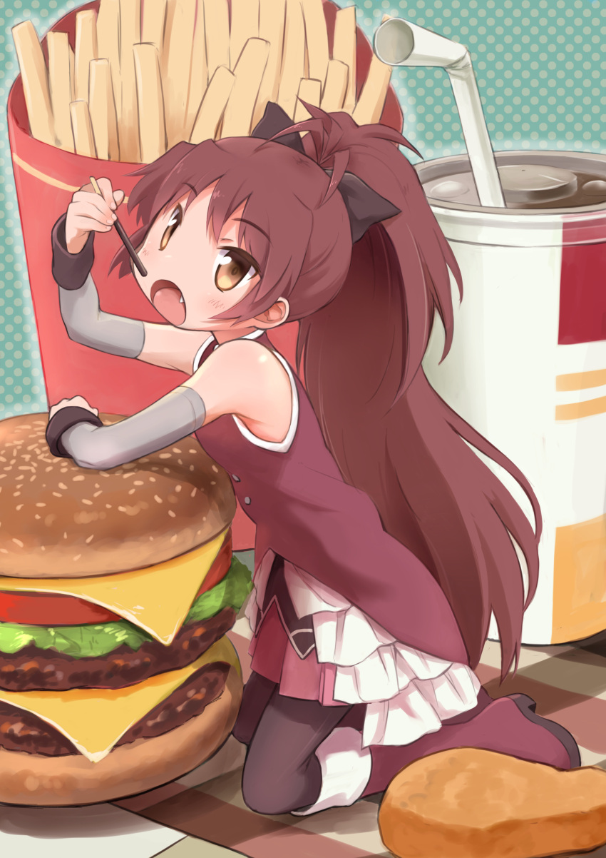 10s 1girl absurdres black_bow black_legwear blush boots bow cheese chicken_nuggets cup detached_sleeves drink drinking_cup drinking_straw eating eyebrows_visible_through_hair fang food french_fries green_background hair_bow hamburger head_tilt highres lettuce long_hair long_sleeves looking_at_viewer mahou_shoujo_madoka_magica okayparium open_mouth pantyhose pocky ponytail red_boots redhead sakura_kyouko soda solo thigh-highs tomato yellow_eyes