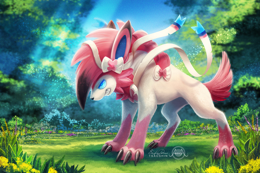 artist_name blue_eyes blue_sky blurry bow claws collaboration commentary day depth_of_field eric_proctor fighting_stance flower forest full_body fusion grass light_particles light_rays lycanroc nature no_humans open_mouth outdoors pokemon pokemon_(creature) ringed_eyes seoxys6 sharp_teeth signature sky standing sunbeam sunlight sylveon teeth tree
