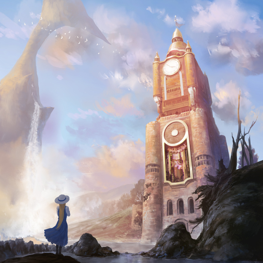 1girl blonde_hair blurry building cliff clock clock_tower clouds depth_of_field dress fantasy faux_traditional_media from_behind from_below gears hat highres hill long_hair looking_afar mountain original ruins scenery sky solo tower usada_yuh water waterfall wind