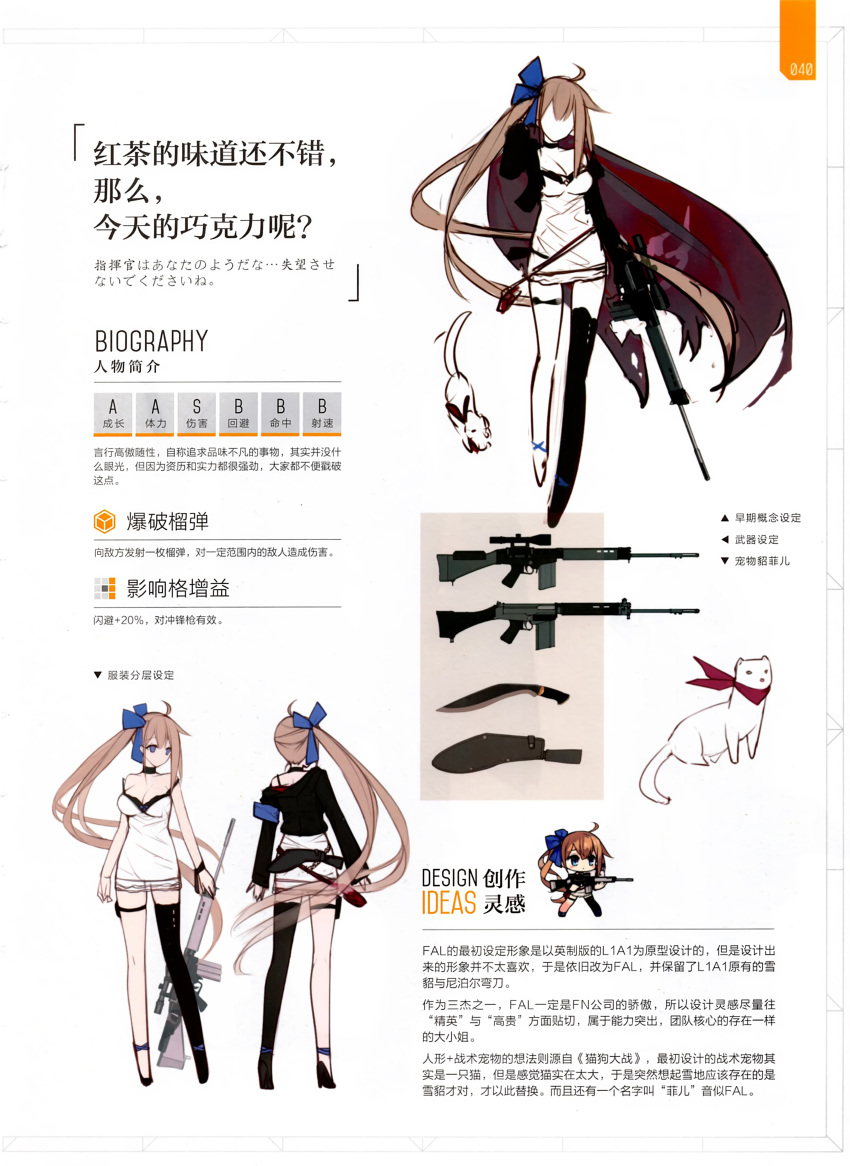 1girl absurdres ahoge armband battle_rifle black_legwear blonde_hair blue_eyes bow breasts cape character_name chibi chinese choker cleavage dress fal_(girls_frontline) fn_fal full_body girls_frontline gun hair_bow hair_ribbon high_heels highres holding holding_gun holding_weapon holster knife kukri large_breasts long_hair off-shoulder_dress off_shoulder official_art personification ribbon rifle single_thighhigh solo stats suisai. thigh-highs translation_request very_long_hair weapon