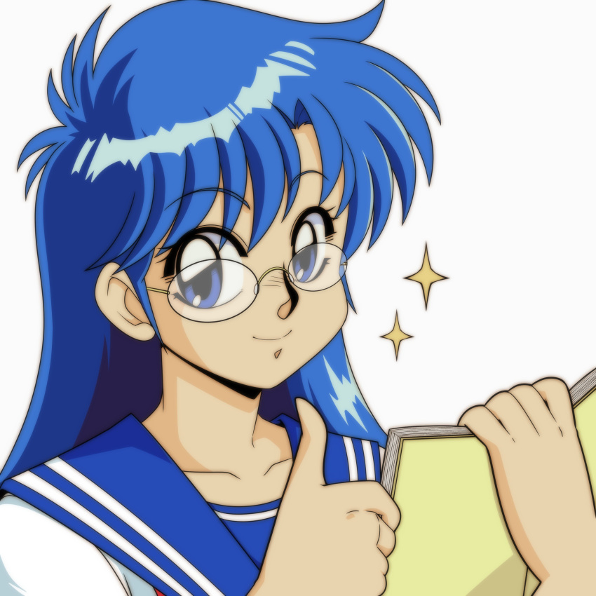 0tacat 1980s_(style) 1girl absurdres asou_yuuko bangs blue_eyes blue_hair blue_sailor_collar book closed_mouth happy highres holding holding_book looking_at_viewer mugen_senshi_valis retro_artstyle round_eyewear sailor_collar shirt simple_background smile solo third-party_source thumbs_up white_background white_shirt