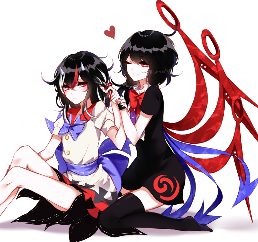 2girls ;) adjusting_hair ahoge asymmetrical_hair asymmetrical_wings bangs black_dress black_hair black_legwear black_nails blue_bow blue_bowtie blush bow bowtie bracelet checkered checkered_floor closed_mouth directional_arrow dress heart highres horns houjuu_nue jewelry kijin_seija looking_at_another multicolored_hair multiple_girls nail_polish one_eye_closed puffy_short_sleeves puffy_sleeves red_bow red_bowtie redhead sash sheya short_sleeves sitting smile streaked_hair thigh-highs touhou white_dress white_hair white_legwear wings wristband zettai_ryouiki