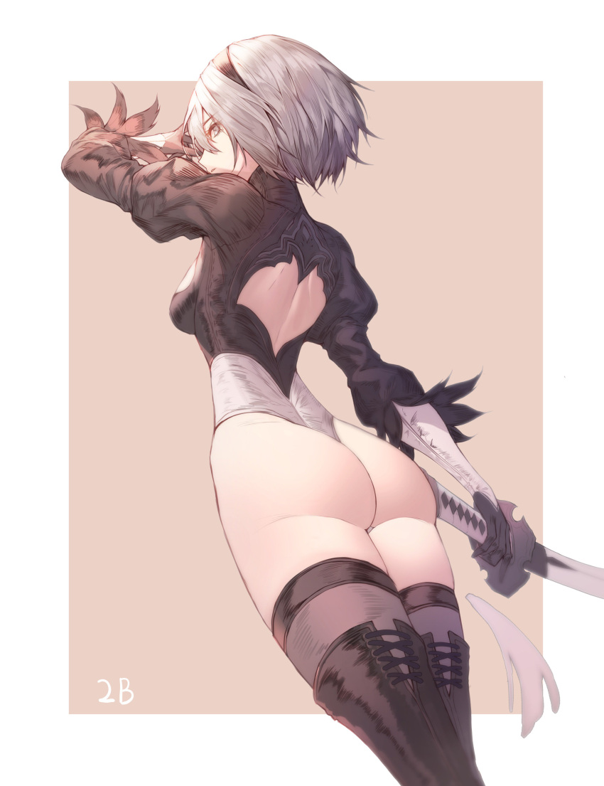 1girl absurdres ass black_gloves black_legwear boots breasts character_name dutch_angle from_behind gloves grey_eyes hairband highres leotard long_sleeves nier_(series) nier_automata parted_lips peulopi puffy_long_sleeves puffy_sleeves short_hair silver_hair simple_background small_breasts solo sword thigh-highs thigh_boots weapon yorha_no._2_type_b