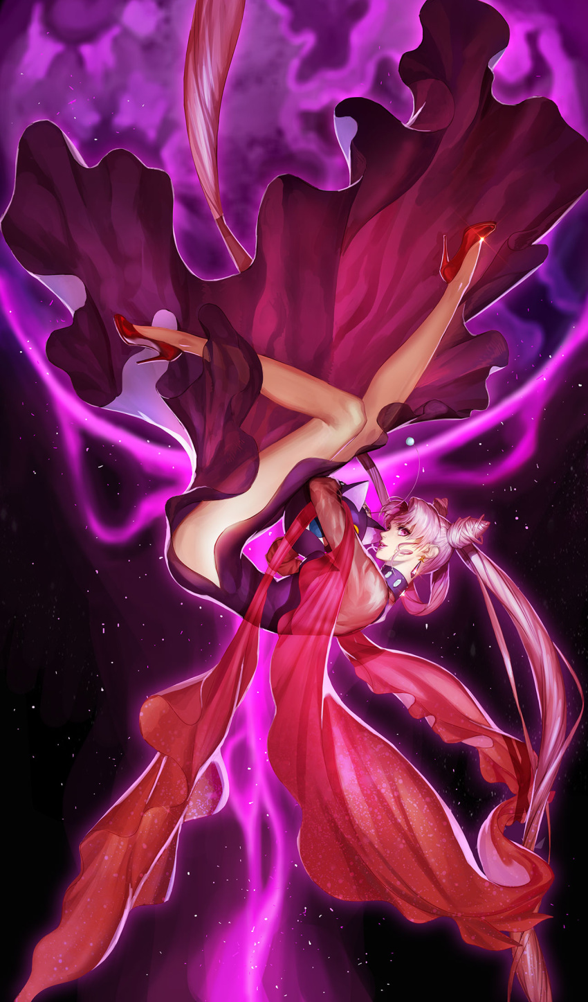 1girl bishoujo_senshi_sailor_moon black_lady choker commentary dress earrings from_side full_body glint high_heels highres jewelry kei_(seona2020) leg_up long_hair luna-p object_hug parted_lips pink_hair profile red_shoes shoes smile solo twintails upside-down very_long_hair