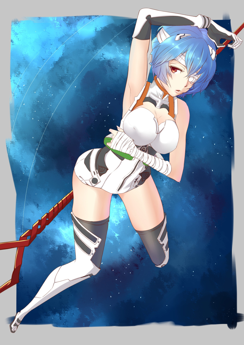 1girl 4cat absurdres alternate_breast_size arm_over_head ayanami_rei bandage_over_one_eye bandaged_arm bandaged_head blue_hair bob_cut breasts cleavage cleavage_cutout elbow_gloves foreshortening gloves grey_border highres lance_of_longinus large_breasts lips looking_at_viewer neon_genesis_evangelion plugsuit red_eyes solo space thigh-highs