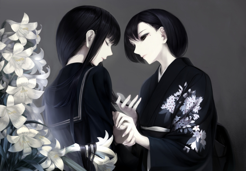 2girls black_eyes black_hair black_shirt closed_eyes closed_mouth erise floral_print flower from_side hand_holding holding holding_hair japanese_clothes kimono lily_(flower) long_hair looking_at_another mole mole_under_eye multiple_girls original parted_lips profile revision school_uniform serafuku shirt short_hair siblings sisters upper_body very_long_hair