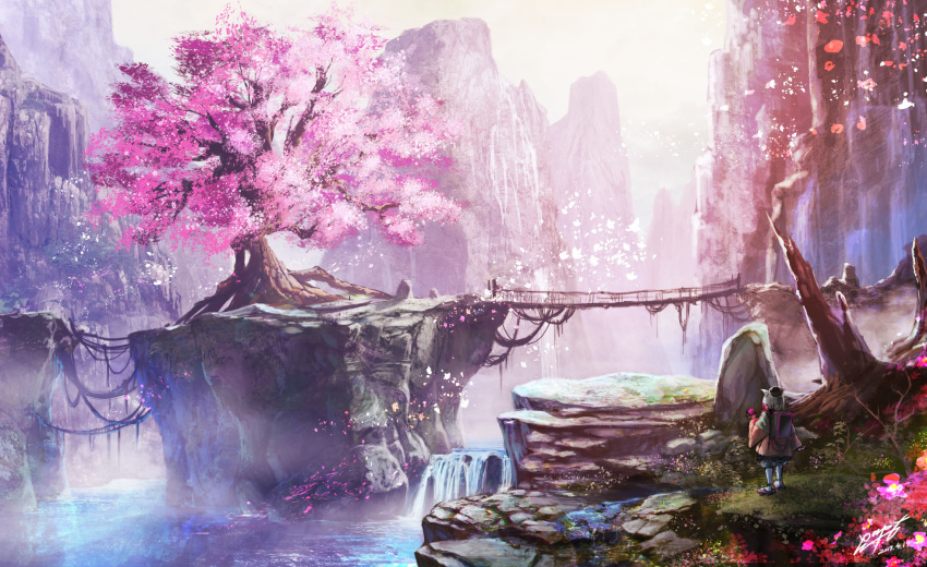 1girl backpack bag blurry bridge cherry_blossoms cliff depth_of_field fantasy flower geta hat highres island light mountain nature original petals plant rapt_(47256) river scenery silver_hair sky solo valley vines water waterfall