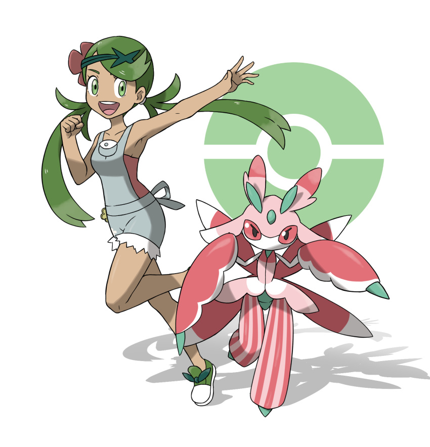 1girl :d arm_up armpits bangs bare_arms bare_shoulders breasts bug clenched_hand collarbone dark_skin flower full_body green_shoes hair_flower hair_ornament headband highres horizontal_stripes leg_up long_hair looking_at_viewer looking_away looking_to_the_side lurantis mallow_(pokemon) official_style open_mouth orchid_mantis outstretched_arm overalls parted_bangs pink_shirt poke_ball pokemon pokemon_(creature) pokemon_(game) pokemon_sm pouch praying_mantis running shadow shirt shoes small_breasts smile strapless striped suspenders tareme teeth teru_zeta tongue trial_captain twintails
