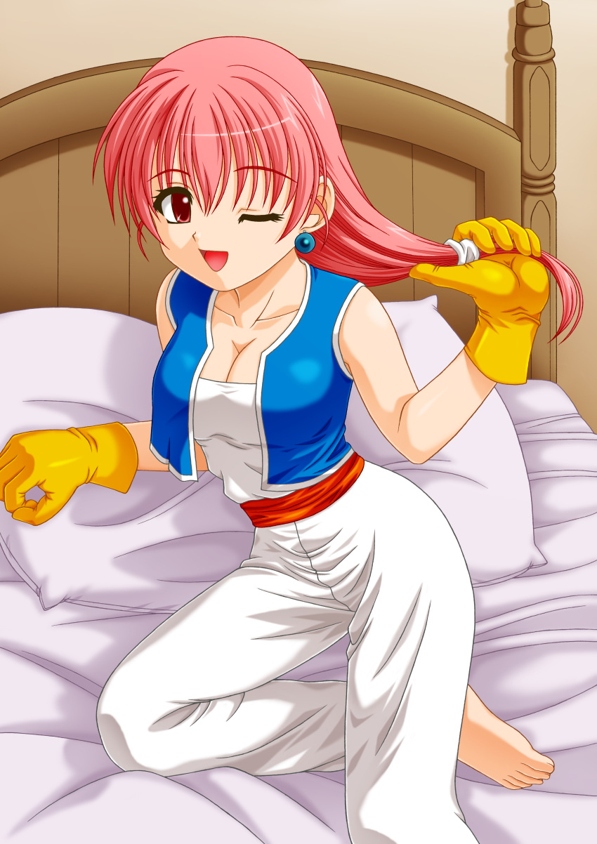 1girl absurdres bare_shoulders breasts cleavage dragon_quest dragon_quest_iii gloves highres kikusui_napo looking_at_viewer medium_breasts merchant_(dq3) one_eye_closed open_mouth pink_hair red_eyes short_hair sitting smile solo