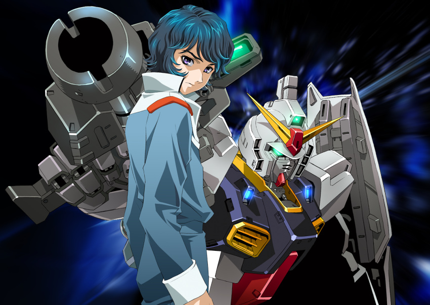 1boy beam_rifle blue_hair energy_gun gundam gundam_mk_ii jacket kamille_bidan mecha platin_(alios) shield short_hair violet_eyes zeta_gundam