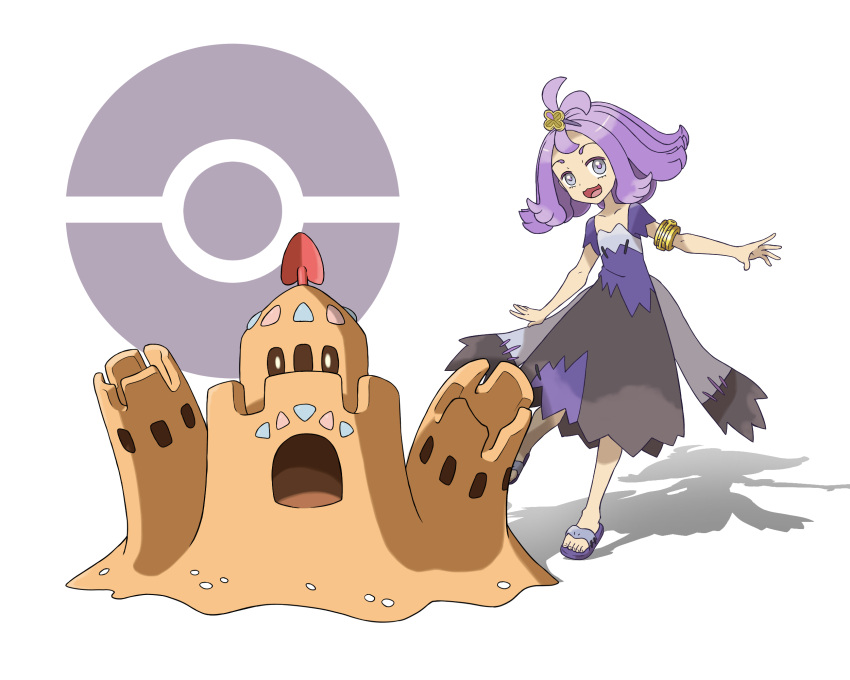 1girl :3 :d acerola_(pokemon) armlet bare_arms collarbone dress elite_four eyelashes flat_chest flipped_hair grey_eyes hair_ornament highres leaning_to_the_side leg_up legs_apart looking_at_viewer looking_away looking_to_the_side looking_up official_style open_mouth outstretched_arms palossand poke_ball pokemon pokemon_(creature) pokemon_(game) pokemon_sm purple_hair purple_pupils raised_eyebrows sand sand_castle sand_sculpture sandals shadow short_hair short_sleeves shovel simple_background smile solo standing standing_on_one_leg stitches teru_zeta toenails torn_clothes torn_dress torn_sleeves white_background worktool