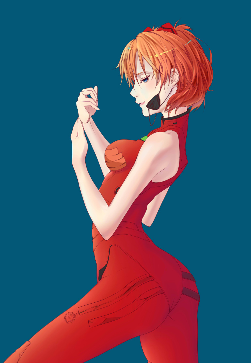 1girl 4cat absurdres alternate_hair_length alternate_hairstyle arched_back ass blue_background blue_eyes bob_cut eyepatch eyepatch_removed from_side hands_up highres lips looking_at_viewer neon_genesis_evangelion orange_hair plugsuit rebuild_of_evangelion short_hair simple_background sleeveless smile solo souryuu_asuka_langley unfinished