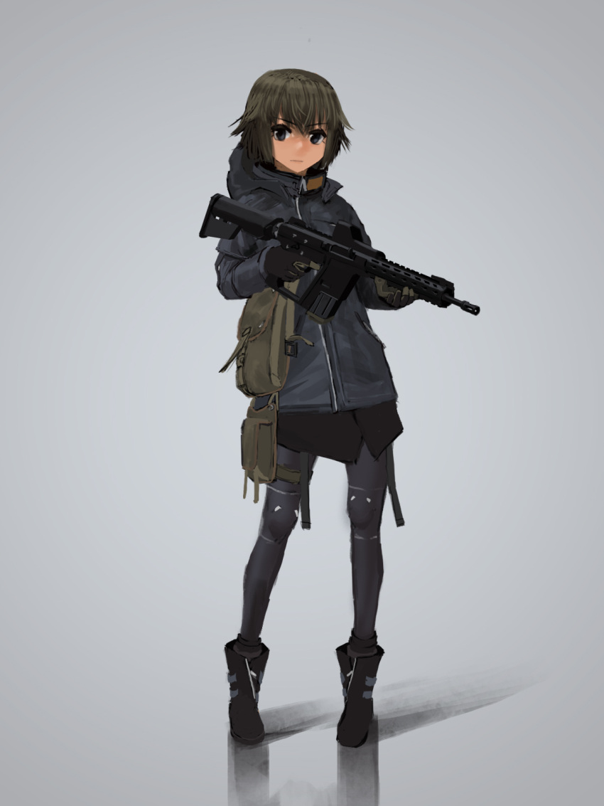 1girl boots brown_hair commentary grey_eyes gun hettsuaa highres jacket knee_pads leggings military original short_hair simple_background weapon weapon_request