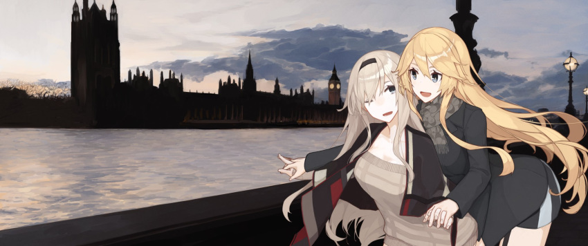 2girls :d ;d arched_back blonde_hair cardigan dress elizabeth_tower floating_hair fringe grey_eyes grey_eyes grey_scarf highres iowa_(kantai_collection) kantai_collection leaning_forward long_hair looking_at_another mikoto_(oi_plus) multiple_girls one_eye_closed open_mouth outdoors platinum_blonde real_world_location ribbed_sweater river scarf silver_hair smile standing sweater sweater_dress very_long_hair warspite_(kantai_collection)