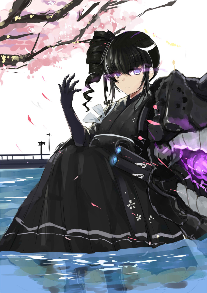 1girl absurdres anchor_hair_ornament ancient_destroyer_oni black_gloves branch cannons cherry_blossom_print cherry_blossoms drill_hair elbow_gloves gloves glowing glowing_eyes glowing_gun_barrel glowing_mouth hair_ornament highres in_water kantai_collection knees_up long_hair looking_at_viewer meiji_schoolgirl_uniform park railing shinkaisei-kan side_drill side_ponytail sidelocks simple_background sitting slm smile solo tasuki teeth tree turret violet_eyes white_background