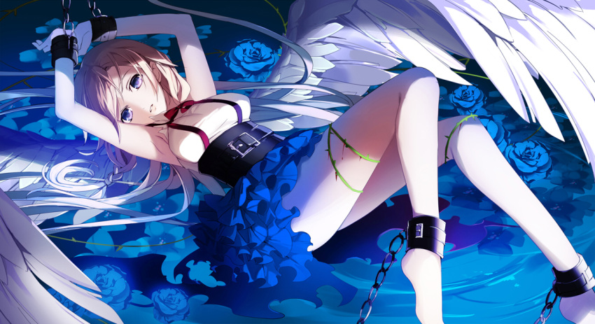 1girl armpits arms_up barefoot blood blue_eyes blue_flower blue_skirt feathered_wings high-waist_skirt ia_(vocaloid) layered_skirt long_hair lying neck_ribbon on_back parted_lips red_ribbon restrained ribbon shirt silver_hair skirt sleeveless sleeveless_shirt solo vocaloid white_shirt white_wings wings yuuki_kira