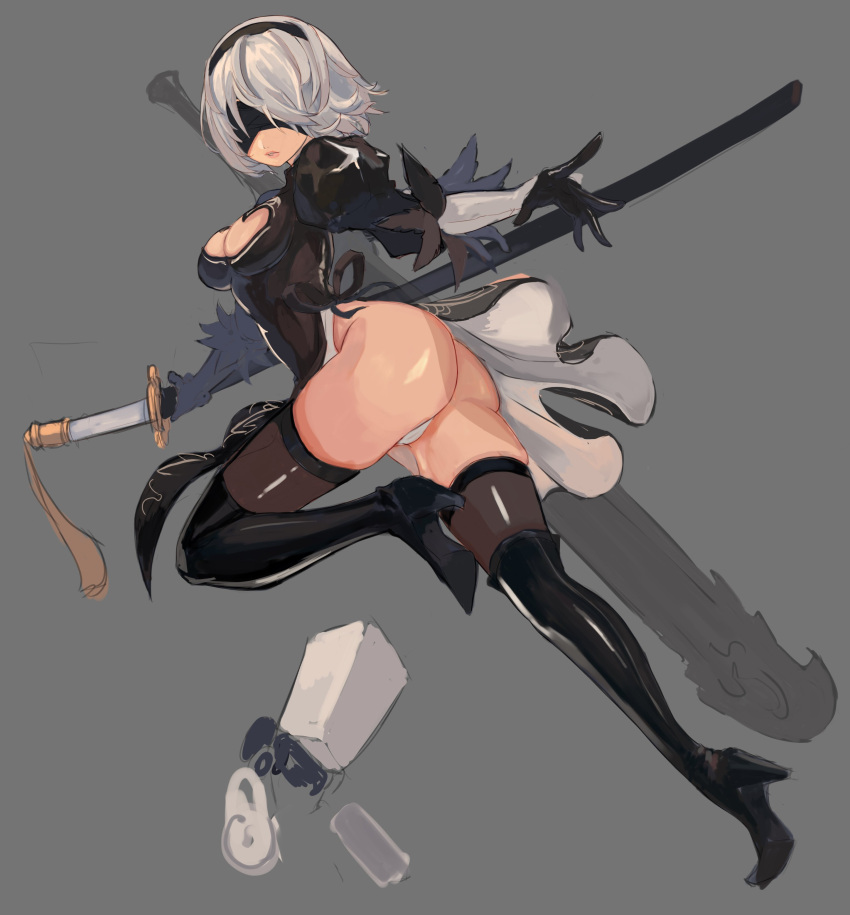1girl absurdres ass black_dress black_gloves black_legwear blindfold boots breasts cleavage cleavage_cutout dress full_body gloves grey_background hair_over_one_eye hairband high_heel_boots high_heels highres juliet_sleeves leotard_under_clothes lips long_sleeves medium_breasts nier_(series) nier_automata ootachi outstretched_arms puffy_sleeves qbspdl short_hair side_slit silver_hair simple_background sketch solo standing standing_on_one_leg thigh-highs thigh_boots yorha_no._2_type_b
