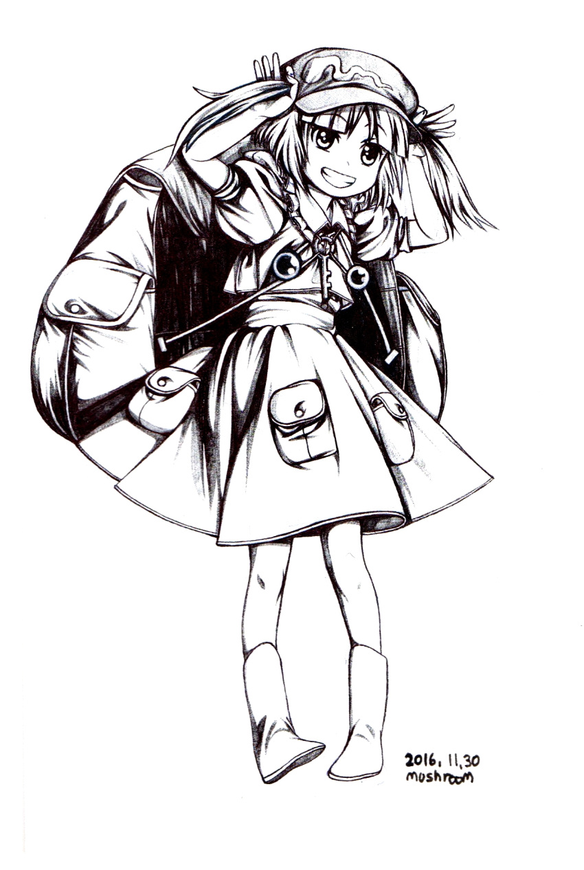 1girl backpack bag boots cabbie_hat commentary dated eyebrows_visible_through_hair greyscale grin hair_bobbles hair_ornament hands_up hat highres holding holding_hair kawashiro_nitori key looking_at_viewer monochrome mushroom mushroom_(osh320) pocket signature smile smug solo teeth touhou twintails two_side_up
