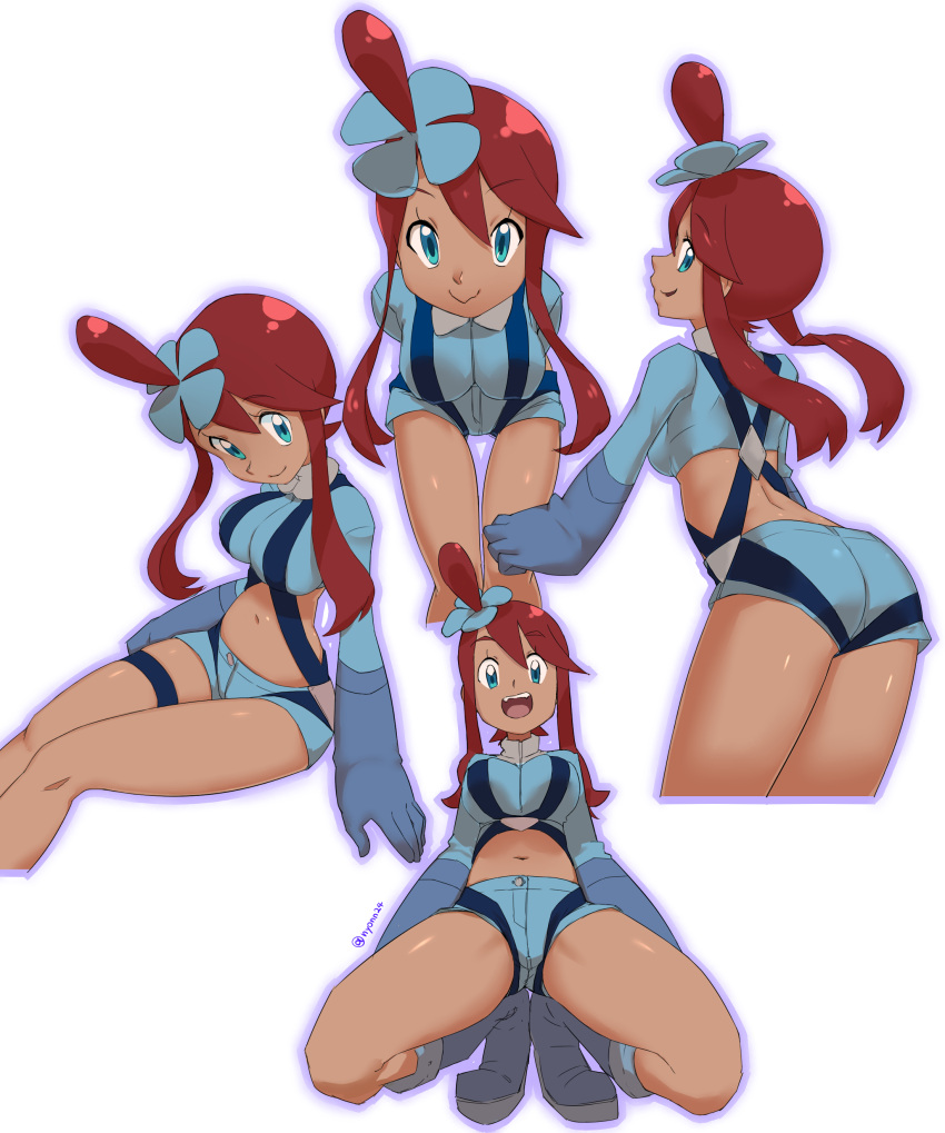 absurdres artist_name ass back bare_legs bent_over blue_eyes breasts dark_skin eyebrows_visible_through_hair full_body fuuro_(pokemon) gym_leader hair_bun hair_ornament hairclip highres holster kneeling large_breasts leaning_forward looking_at_viewer midriff navel nyonn24 open_mouth pilot_suit pokemon pokemon_(game) pokemon_bw pokemon_bw2 redhead shorts sitting smile stomach suspenders thigh_strap thighs turtleneck