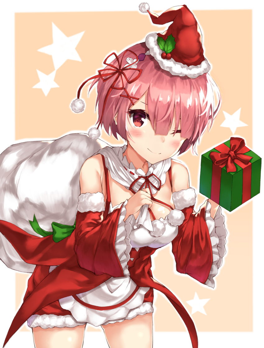 absurdres blush breasts christmas detached_sleeves fur-trimmed_sleeves fur_trim gift hair_ornament hair_over_one_eye hat highres looking_at_viewer one_eye_closed pink_eyes pink_hair ram_(re:zero) re:zero_kara_hajimeru_isekai_seikatsu sack santa_costume santa_hat short_hair small_breasts smile white_border wide_sleeves x_hair_ornament yuuki_nao_(pixiv10696483)