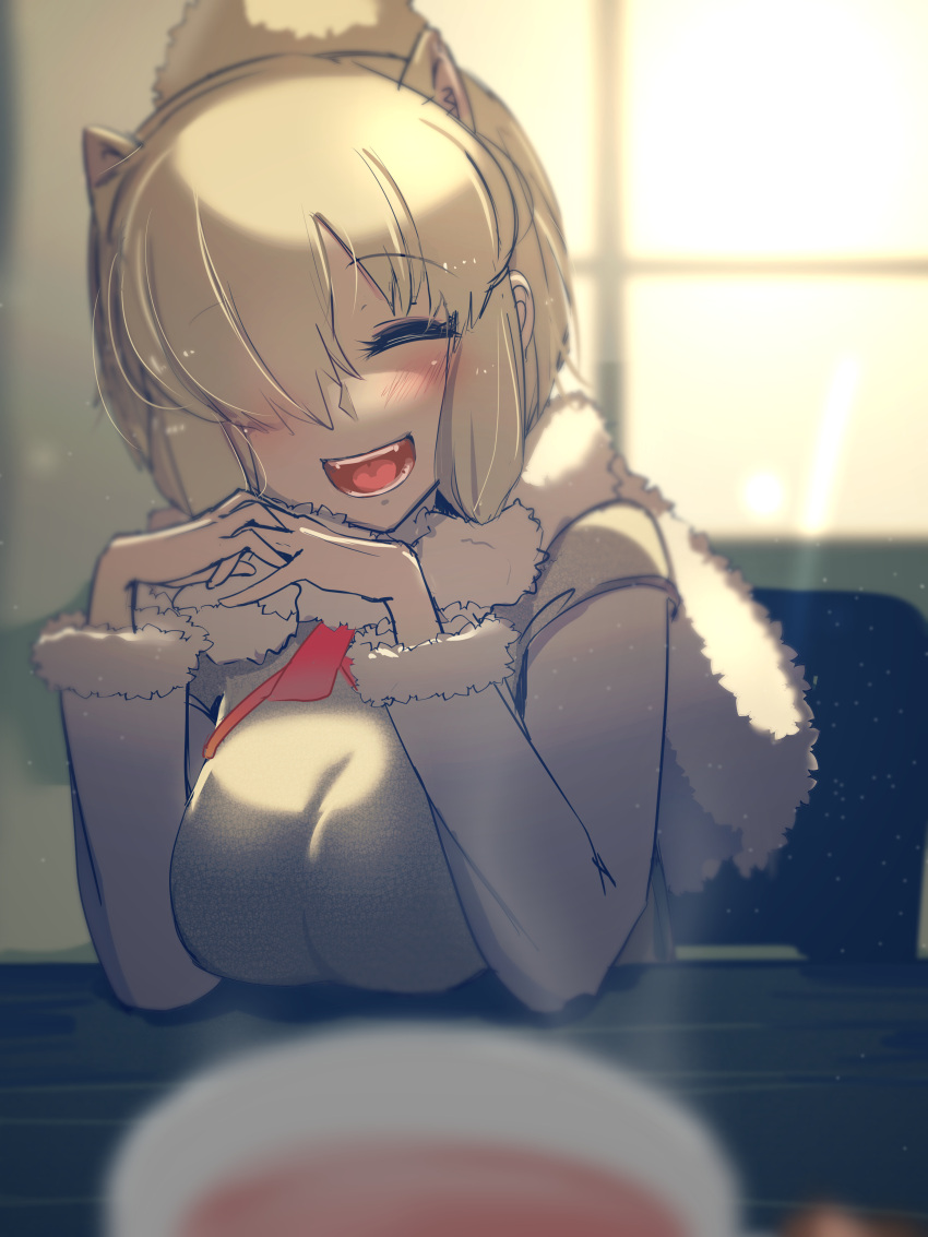 1girl :d ^_^ absurdres alpaca_ears alpaca_suri_(kemono_friends) at2. blonde_hair blurry blush breasts closed_eyes cup depth_of_field hair_over_one_eye head_tilt highres kemono_friends large_breasts long_sleeves looking_at_viewer open_mouth own_hands_together sitting smile solo_focus steam sunlight teacup window