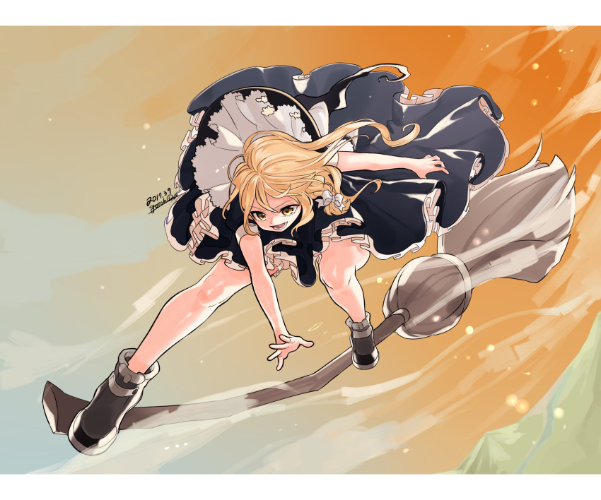 &gt;:d 1girl :d blonde_hair bloomers boots braid broom broom_surfing commentary dated dress full_body gotoh510 hat hat_flying_off highres kirisame_marisa legs long_hair looking_at_viewer messy_hair open_mouth puffy_short_sleeves puffy_sleeves short_sleeves side_braid single_braid smile solo touhou underwear wind witch_hat yellow_eyes