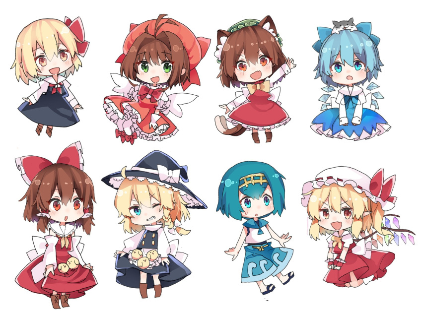 &gt;:d 10s 6+girls :d :o ahoge angel_wings animal animal_ears animal_on_head antenna_hair bird blonde_hair blue_eyes blue_hair blush boots bow bowtie brown_hair card_captor_sakura cat cat_ears cat_on_head cat_tail chen chibi chick cirno coda_(ankoprpr3700) commentary dress fang flandre_scarlet gloves green_eyes grin hair_bow hair_intakes hair_ribbon hair_tubes hakurei_reimu hat highres ice ice_wings kinomoto_sakura kirisame_marisa looking_at_viewer magical_girl mahou_shoujo_madoka_magica miki_sayaka mob_cap multiple_girls multiple_tails on_head one_eye_closed open_mouth red_eyes ribbon rumia salute sandals short_hair skirt_basket smile sweat tail touhou two_tails vulcan_salute waving white_gloves wings witch_hat