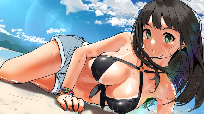 1girl bangs bikini bikini_top black_bikini black_hair blush bracelet breasts cleavage clouds cutoffs denim denim_shorts green_eyes highres idolmaster idolmaster_cinderella_girls jewelry jorori lens_flare long_hair lying medium_breasts on_side shibuya_rin shorts sky smile solo swimsuit tan tanline