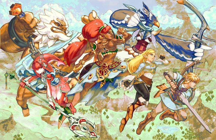 3boys 3girls animoose beard black_eyes blonde_hair blue_eyes boots bow bracelet braid breasts chains choker clouds commentary daruk facial_hair feathers fingerless_gloves flat_chest french_braid gloves goron halterneck high_heels jewelry jumping landscape link mipha multiple_boys multiple_girls muscle muscular_female pointy_ears polearm ponytail princess_zelda redhead revali rito short_hair skirt sky small_breasts spear sword the_legend_of_zelda the_legend_of_zelda:_breath_of_the_wild thick_eyebrows trident tunic urbosa volcano weapon white_background yellow_eyes zora