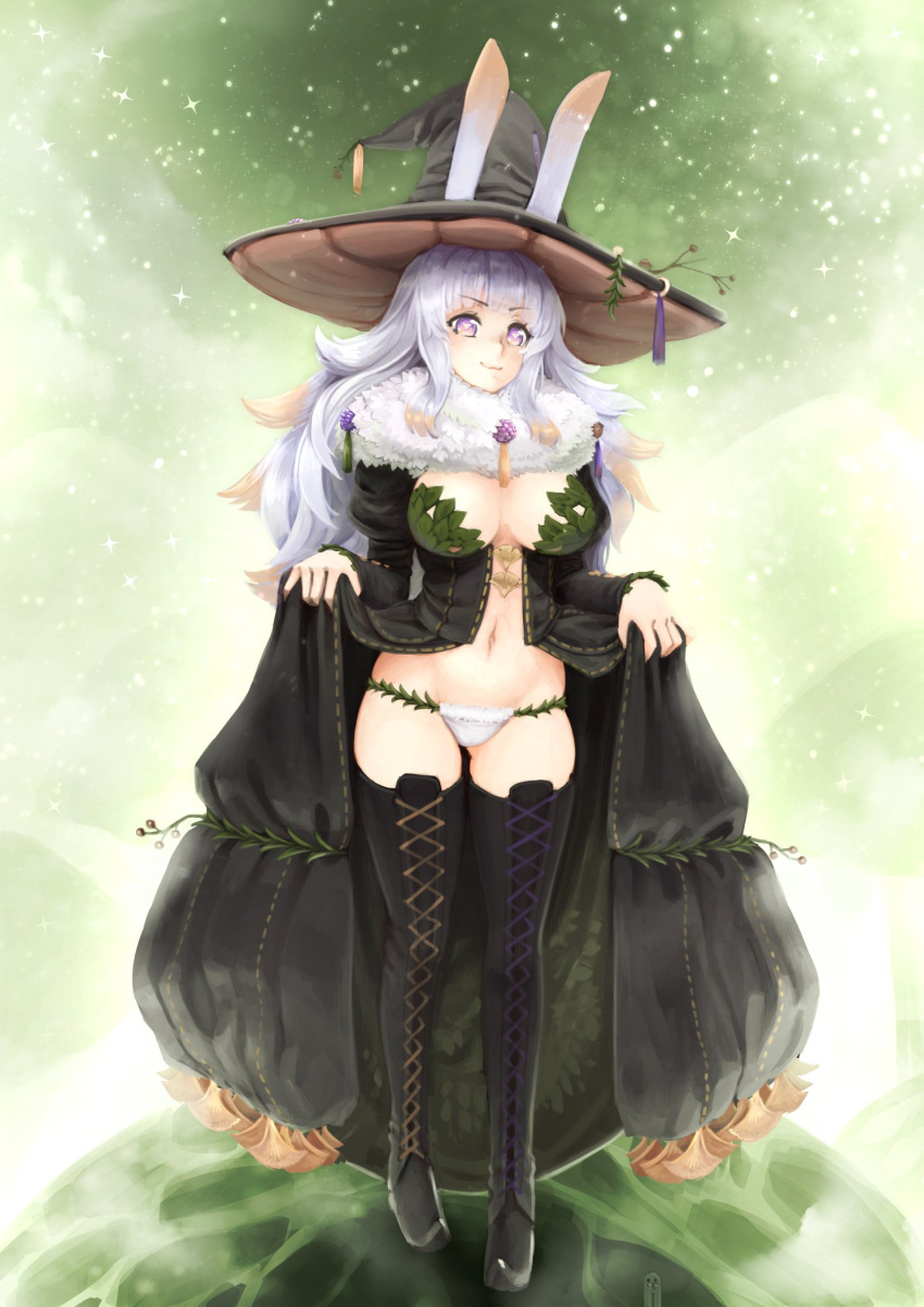 &gt;:3 1girl :3 barbariank black_dress blonde_hair boots breasts center_opening cross-laced_footwear dress dress_lift full_body gradient_hair groin hat highres juliet_sleeves large_breasts long_dress long_hair long_sleeves looking_at_viewer luminous_arc luminous_arc_infinity multicolored_hair navel panties puffy_sleeves silver_hair solo tassel thigh-highs thigh_boots triangle-shaped_pupils two-tone_hair underwear violet_(luminous_arc) violet_eyes wavy_hair witch_hat