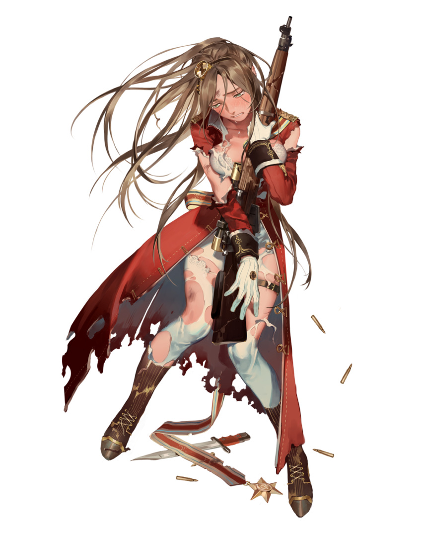 1girl blush boots bra braid breasts brown_boots bullet covering covering_crotch embarrassed eyebrows full_body girls_frontline gloves gun hair_ornament half-closed_eyes highres holding holding_gun holding_weapon knife lee-enfield lee-enfield_(girls_frontline) long_hair looking_down medal medallion medium_breasts nose_blush official_art parted_lips personification rei_(sanbonzakura) rifle scope solo standing tearing_clothes thigh-highs torn_clothes torn_thighhighs transparent_background underwear weapon white_bra white_gloves white_legwear