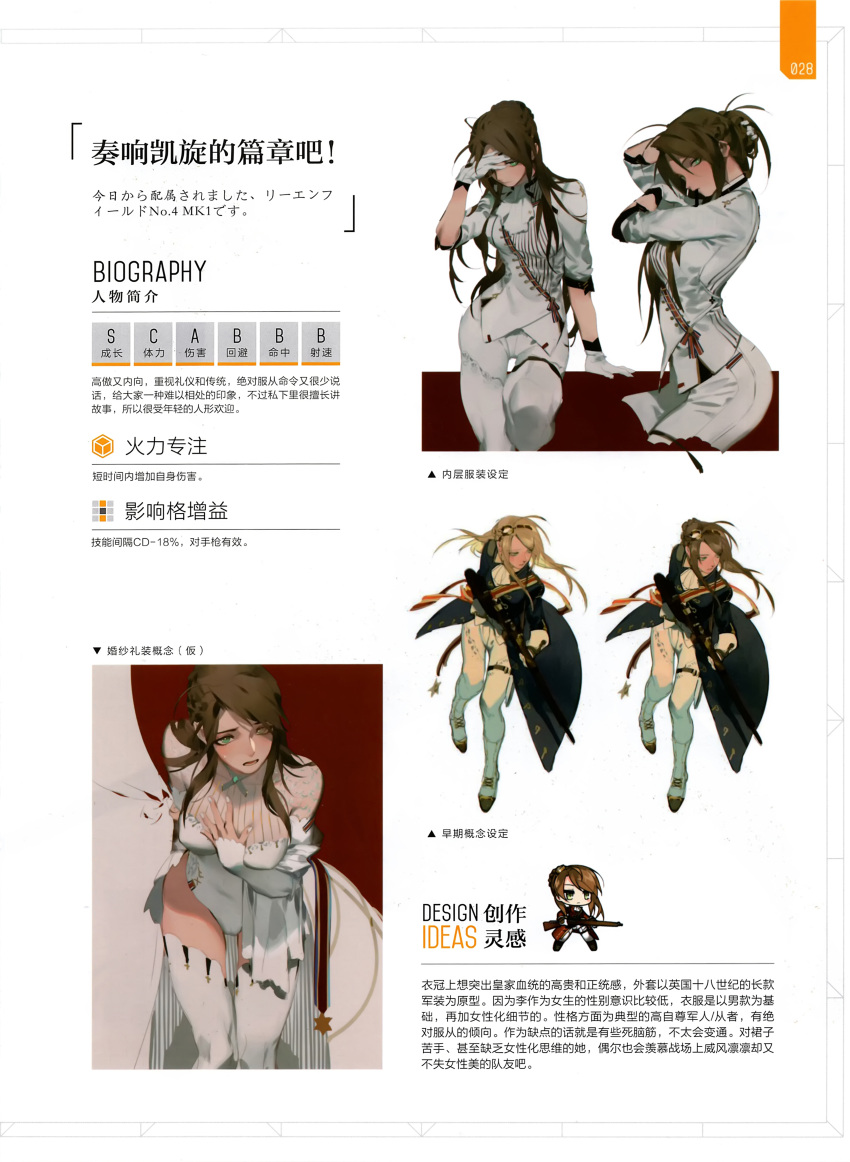 1girl absurdres artist_request braid bridal_gauntlets brown_hair chibi chinese closed_mouth covering_one_eye dress embarrassed eyebrows full_body girls_frontline gloves gun hair_ornament hairband half-closed_eye hands_on_own_head highres holding holding_gun holding_weapon lee-enfield lee-enfield_(girls_frontline) leotard long_hair looking_at_viewer low-tied_long_hair makeup medal medallion official_art open_mouth personification ribbon rifle scan sketch solo standing stats tagme translation_request trigger_discipline weapon wedding_dress white_gloves white_legwear white_leotard
