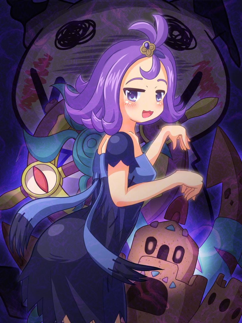 1girl :3 :d acerola_(pokemon) anchor bare_arms blush breasts collarbone costume dhelmise dress elite_four flipped_hair hair_ornament half-closed_eyes highres jitome leaning_forward legs_together mimikyu no_nose open_mouth palossand pikachu_costume pokemon pokemon_(creature) pokemon_(game) pokemon_sm purple_hair raised_eyebrows sand sand_castle sand_sculpture seaweed ship's_wheel short_hair shovel small_breasts smile standing stitches tongue topknot torn_clothes torn_dress torn_sleeves trial_captain ukiwoshi violet_eyes worktool z-move