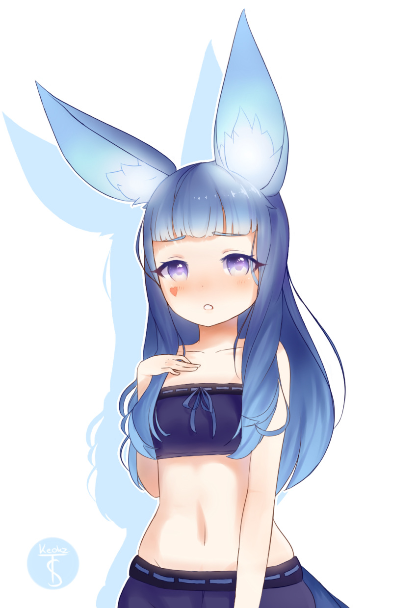 1girl :o animal_ears artist_name bandeau bangs belly blue blue_hair blue_ribbon blue_skirt blunt_bangs blush collarbone cowboy_shot elin_(tera) flat_chest fox_ears fox_girl fox_tail gradient_hair hand_on_own_chest heart highres keokz light_blue_hair long_hair looking_at_viewer multicolored_hair navel open_mouth pale_skin ribbon ribbon_trim shiny shiny_hair shy skirt solo stomach strapless tail tera_online violet_eyes