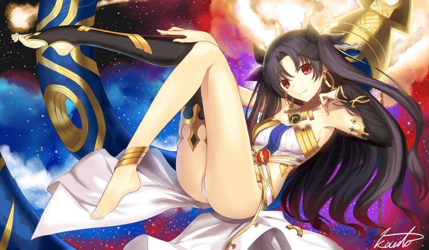 1girl anklet armlet ass asymmetrical_legwear asymmetrical_sleeves bare_shoulders black_hair bridal_gauntlets earrings elbow_gloves fate/grand_order fate_(series) gloves hair_ribbon heavenly_boat_maanna highres hoop_earrings ishtar_(fate/grand_order) jewelry kauto light_smile long_hair looking_at_viewer neck_ring pelvic_curtain red_eyes ribbon signature single_elbow_glove single_thighhigh thigh-highs thighs toeless_legwear tohsaka_rin two_side_up